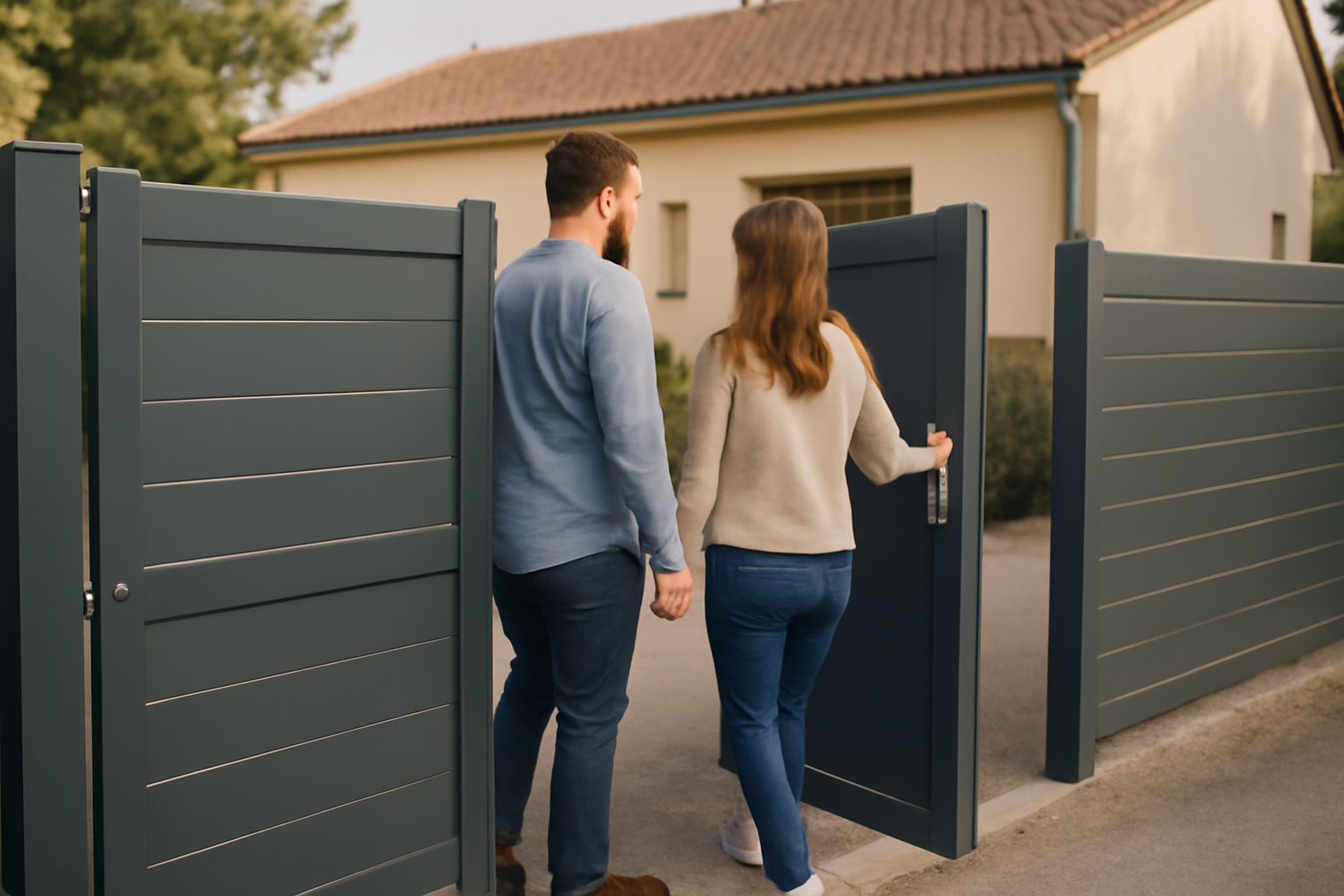 portail avec portillon intégré en aluminium thermolaqué, battant et portillon, entrée de maison