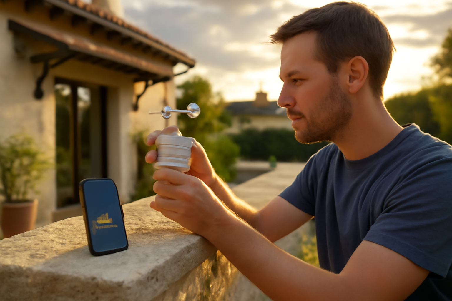 station météo netatmo vs davy sur une terrasse, capteurs extérieurs et smartphone affichant les relevés