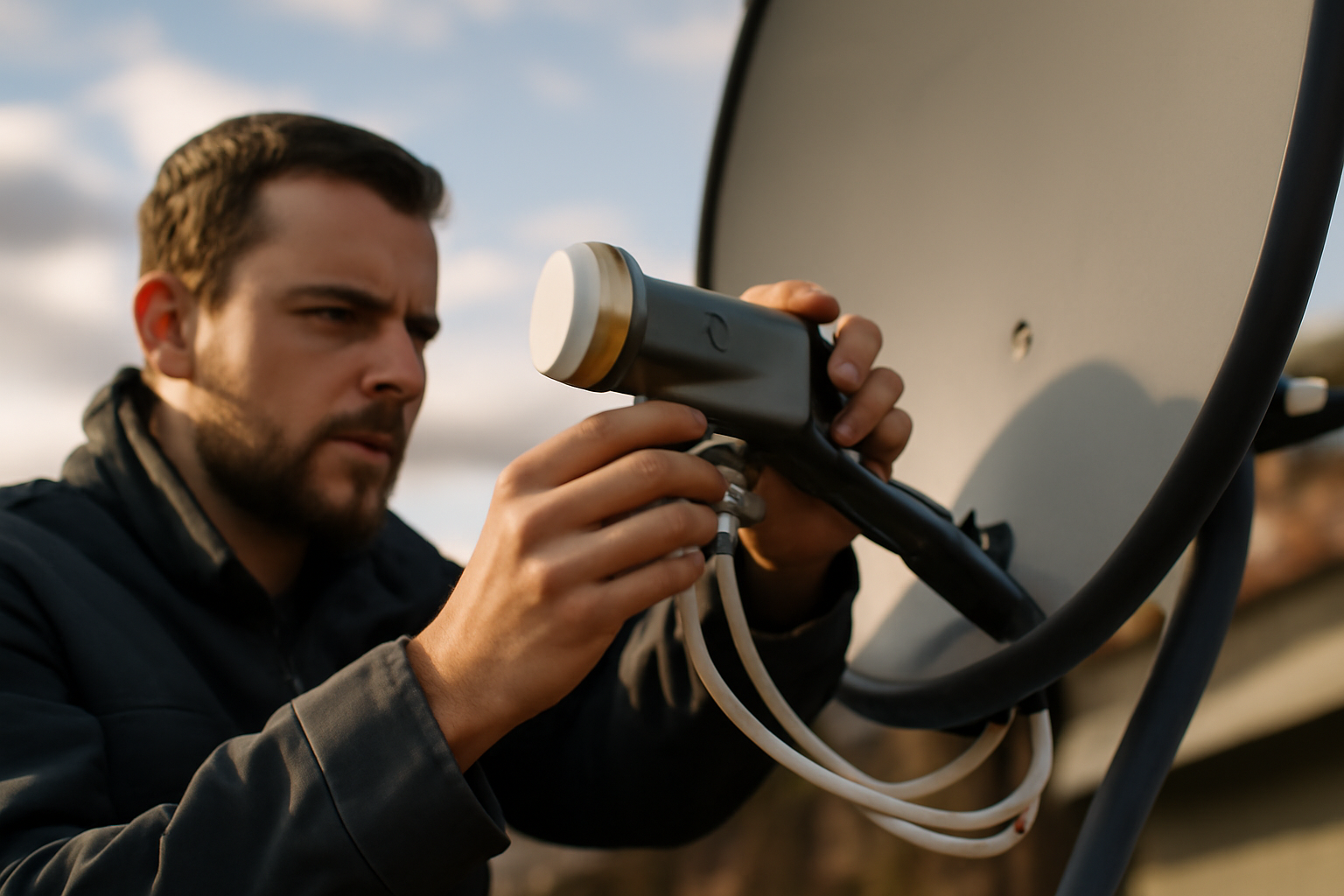 Tete parabole pour tntsat : technicien vérifiant une tête LNB sur une parabole satellite en extérieur