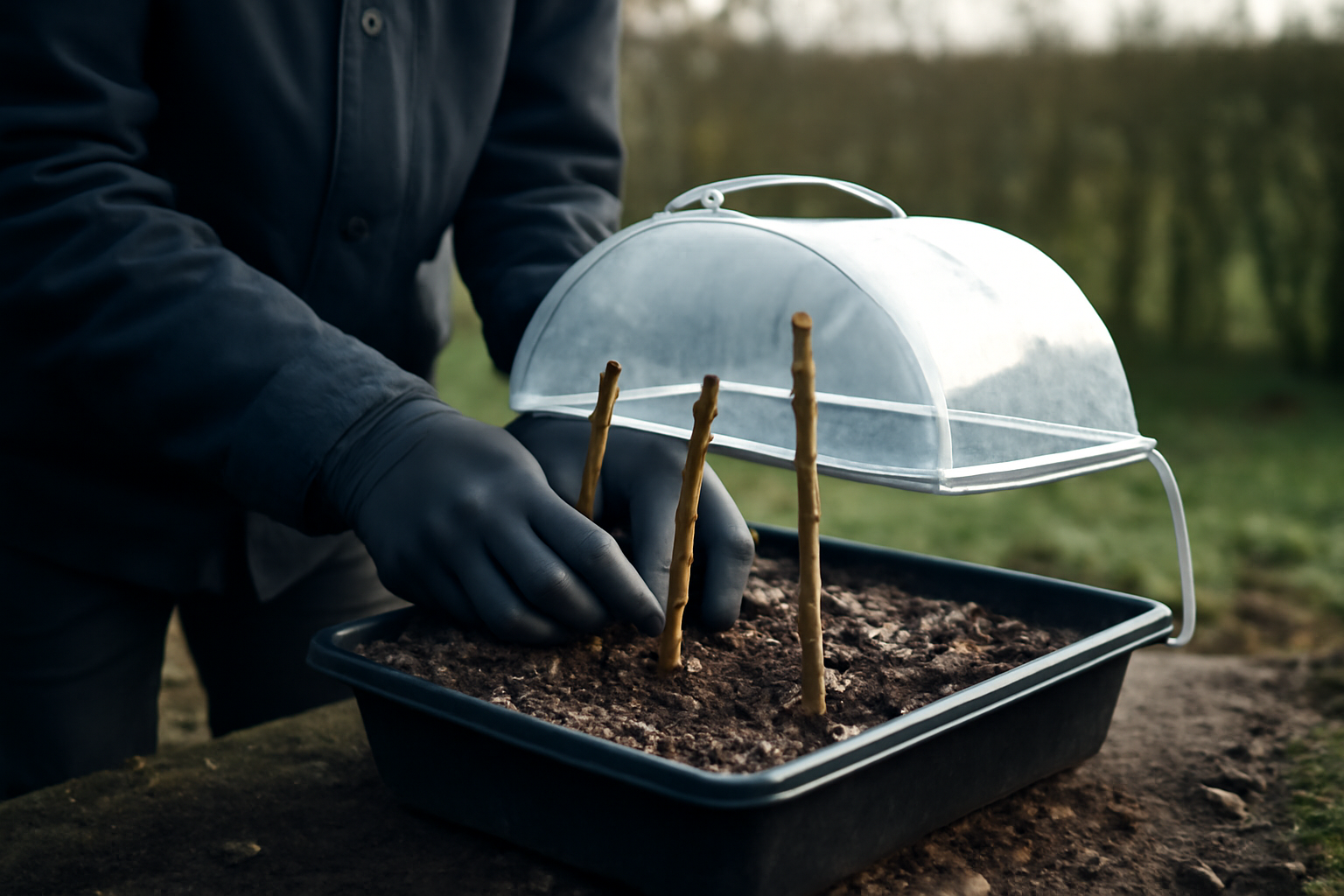 Bouture noyer en mini-serre sur substrat drainant, lumière naturelle d’hiver