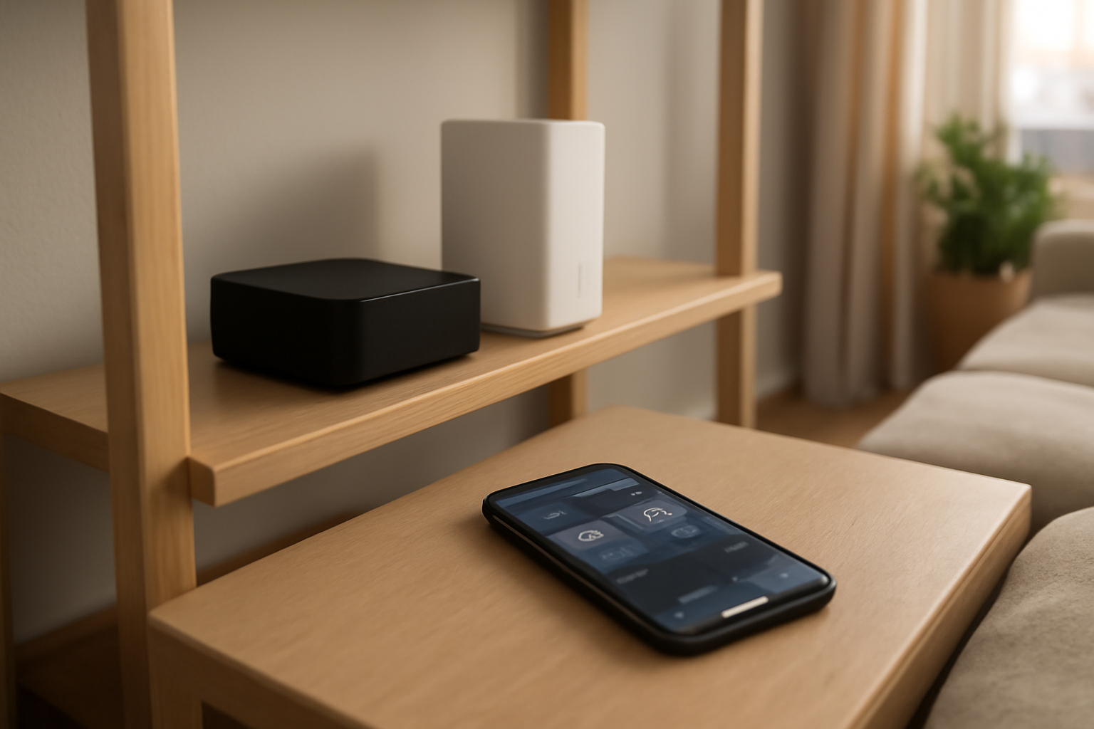 Box domotique sans cloud sur une étagère près du routeur, avec smartphone affichant une automatisation locale