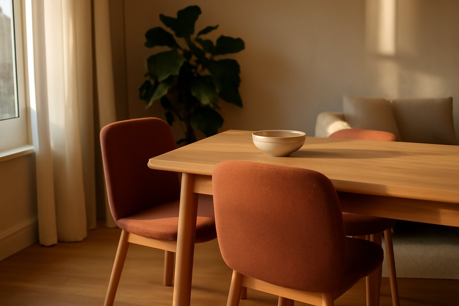 chaise terracotta dans un salon lumineux, lumière naturelle