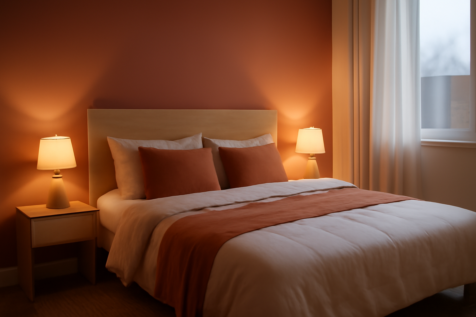 Chambre terracotta cosy avec mur accent, tête de lit en bois clair et linge en lin