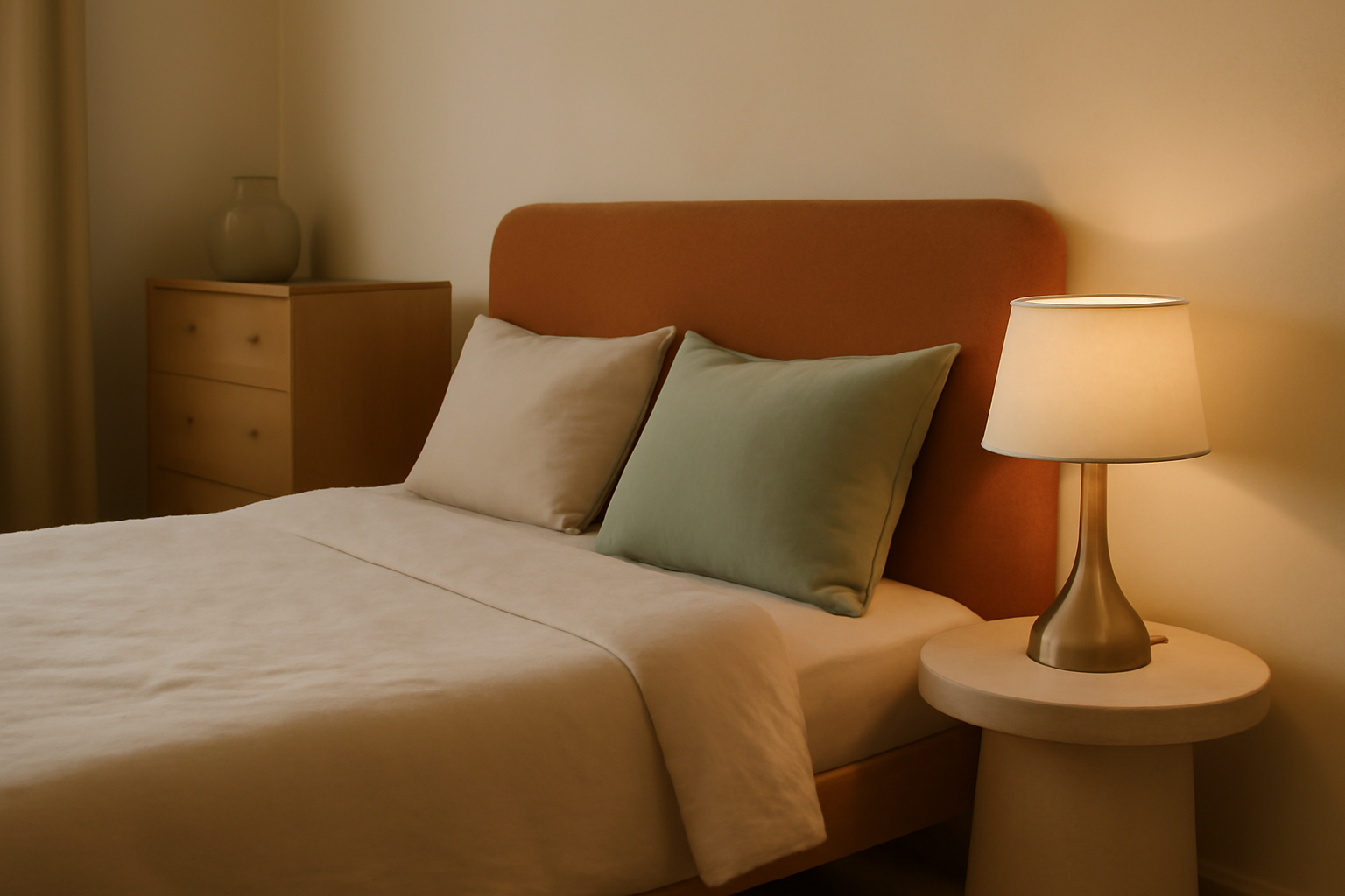 Mobilier bois et touches de cuivre dans une chambre terracotta