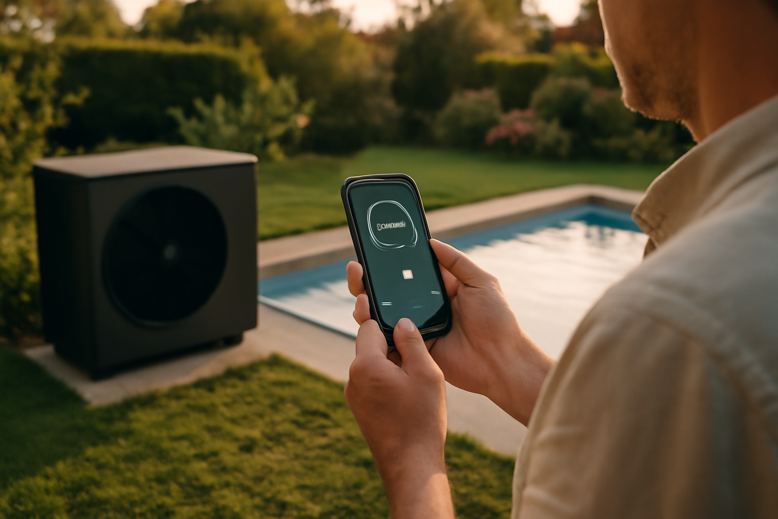 chauffage piscine connecté économie : pilotage sur smartphone près d’une piscine