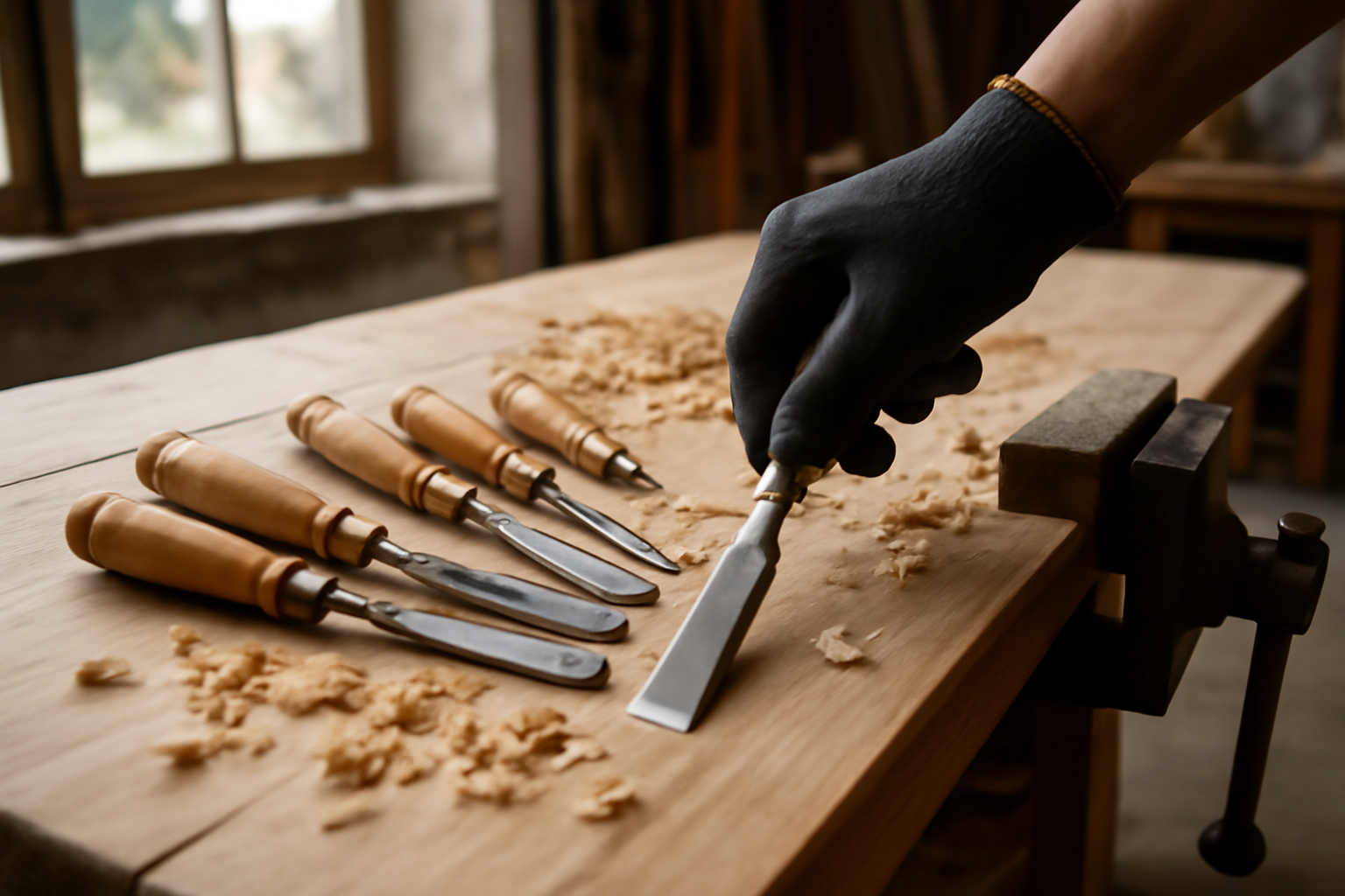 ciseaux a bois sur établi en bois, lame et manche visibles