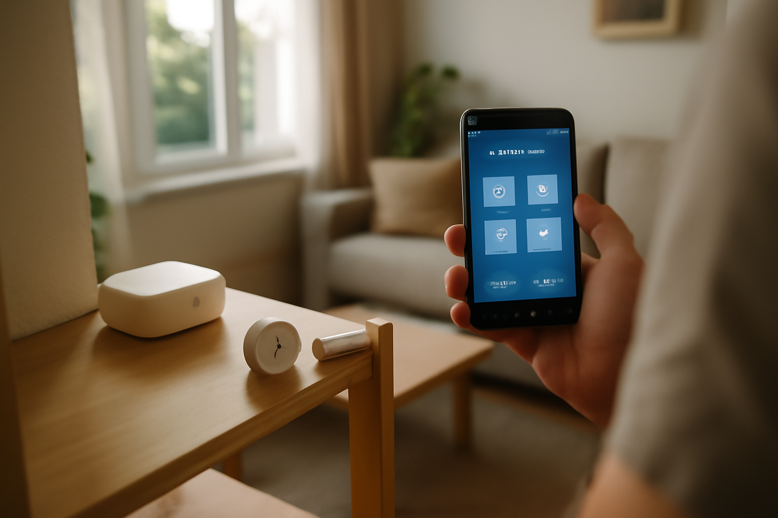 Vue réaliste d’un salon français avec un hub domotique, un smartphone affichant generationdomotique.com et des capteurs connectés, lumière naturelle