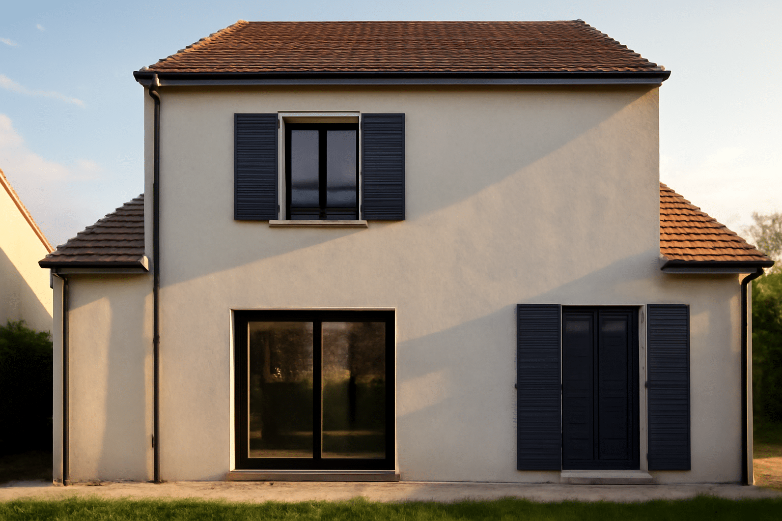 Façade en gris anthracite RAL 7016 avec menuiseries noires mat et enduit clair