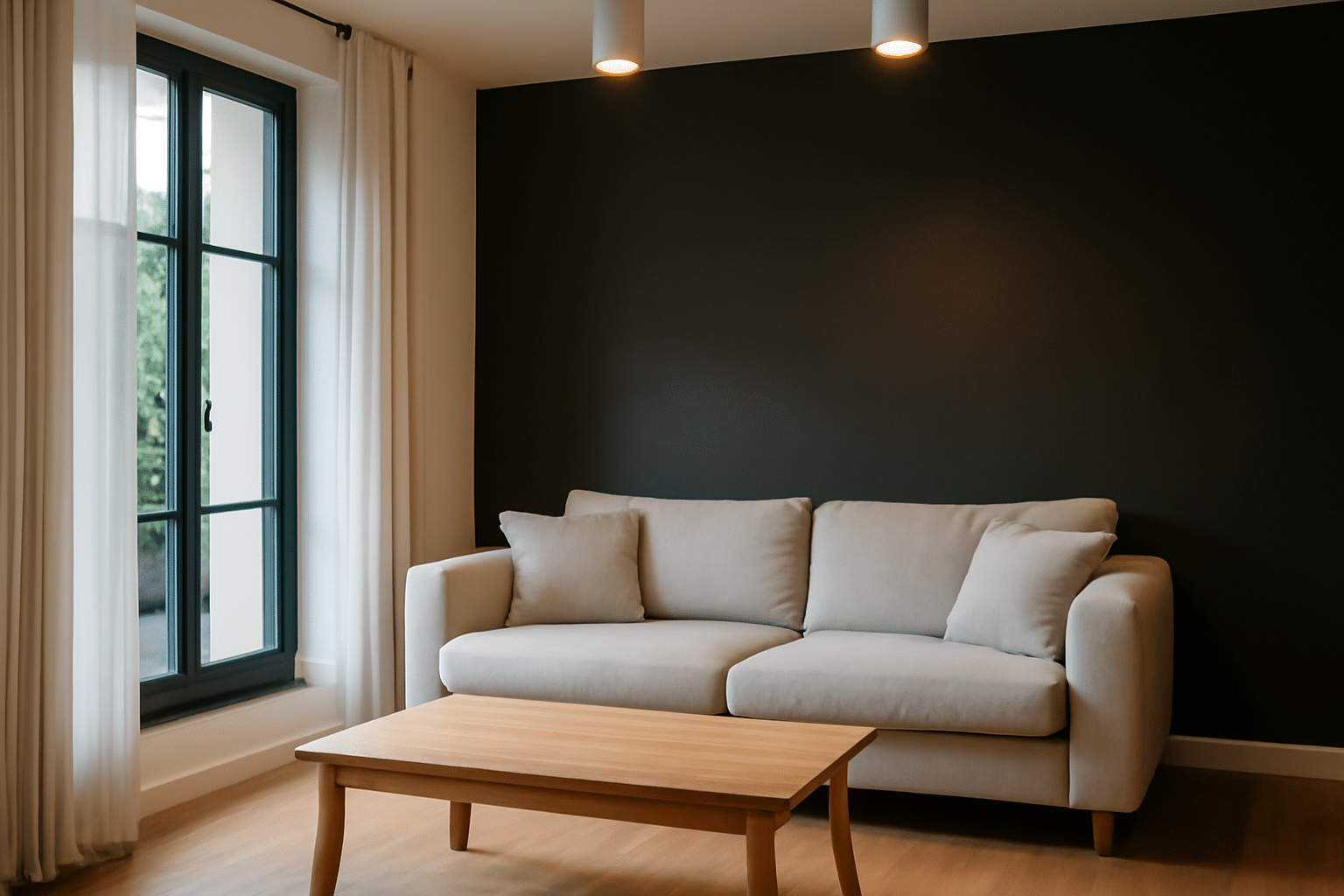 Salon avec mur d’accent gris anthracite et menuiseries noir mat, ambiance lumineuse avec éclairage chaud