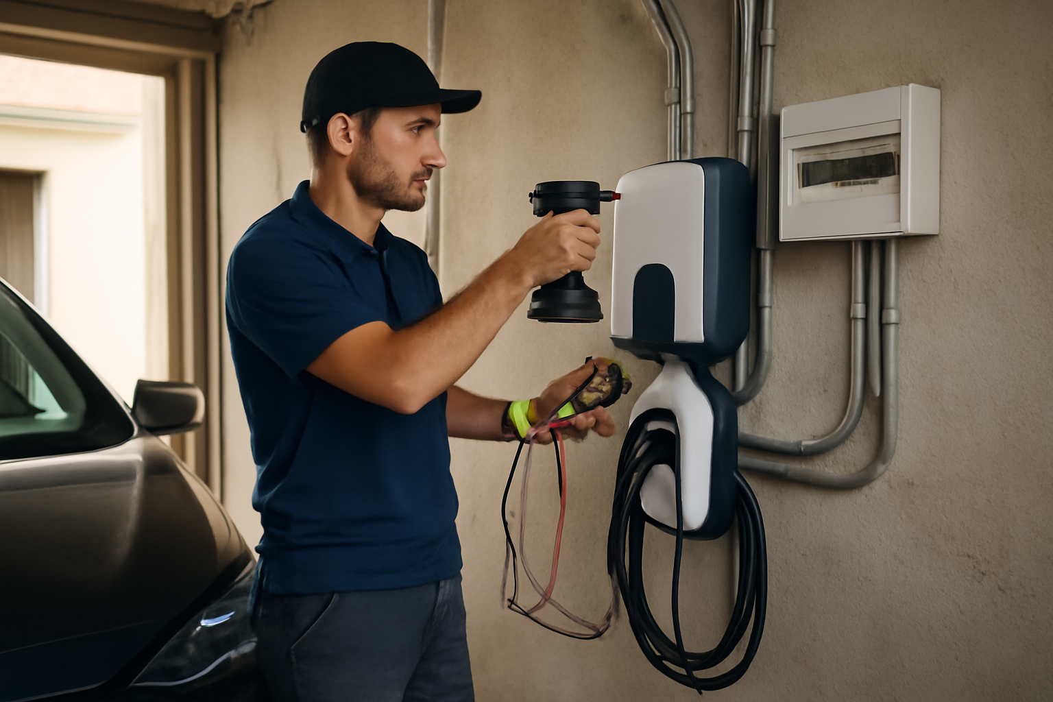 Installer borne recharge voiture électrique prix : technicien IRVE posant une borne murale dans un garage
