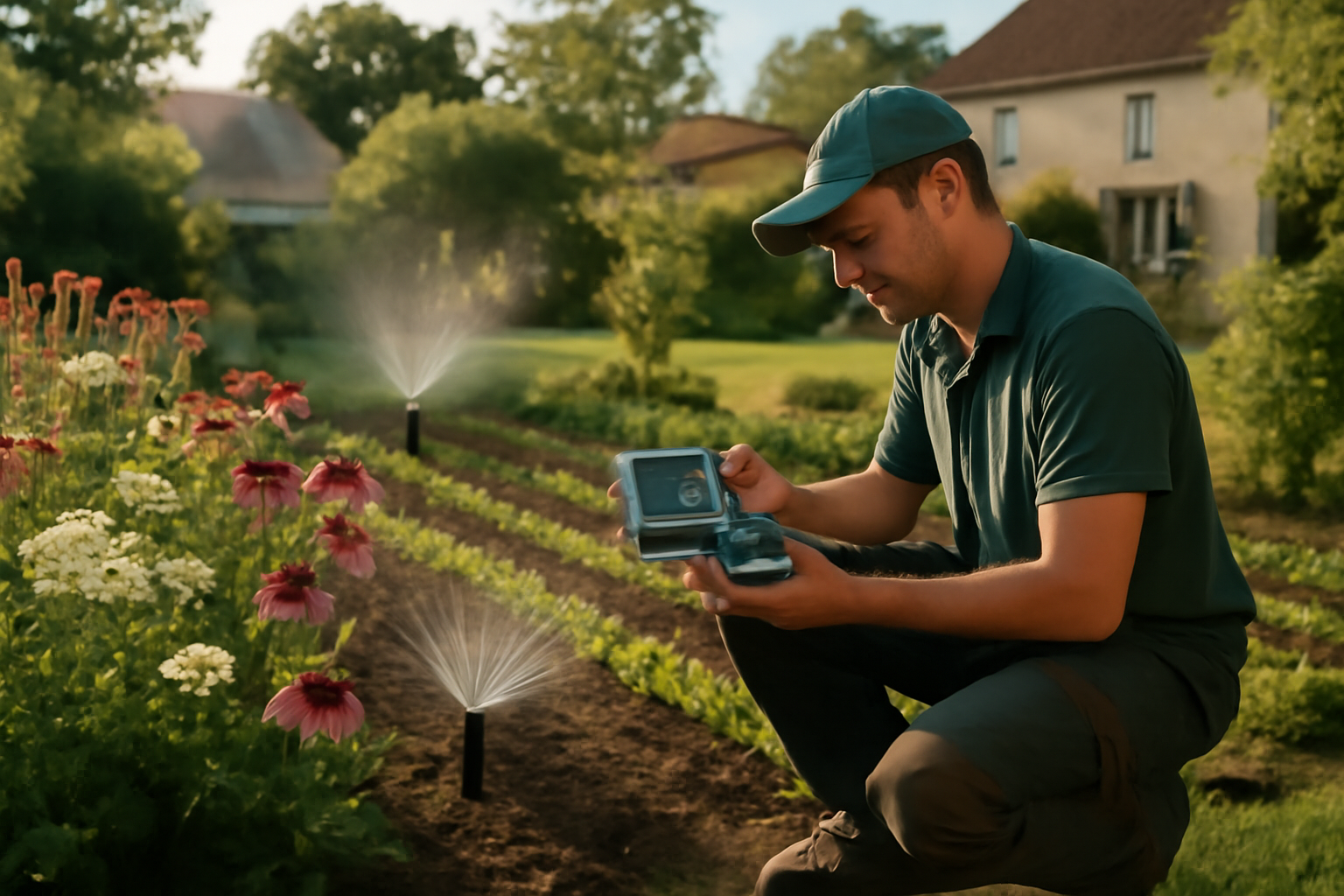 jardinic arrosage jardin avec réseau et arroseurs en fonctionnement