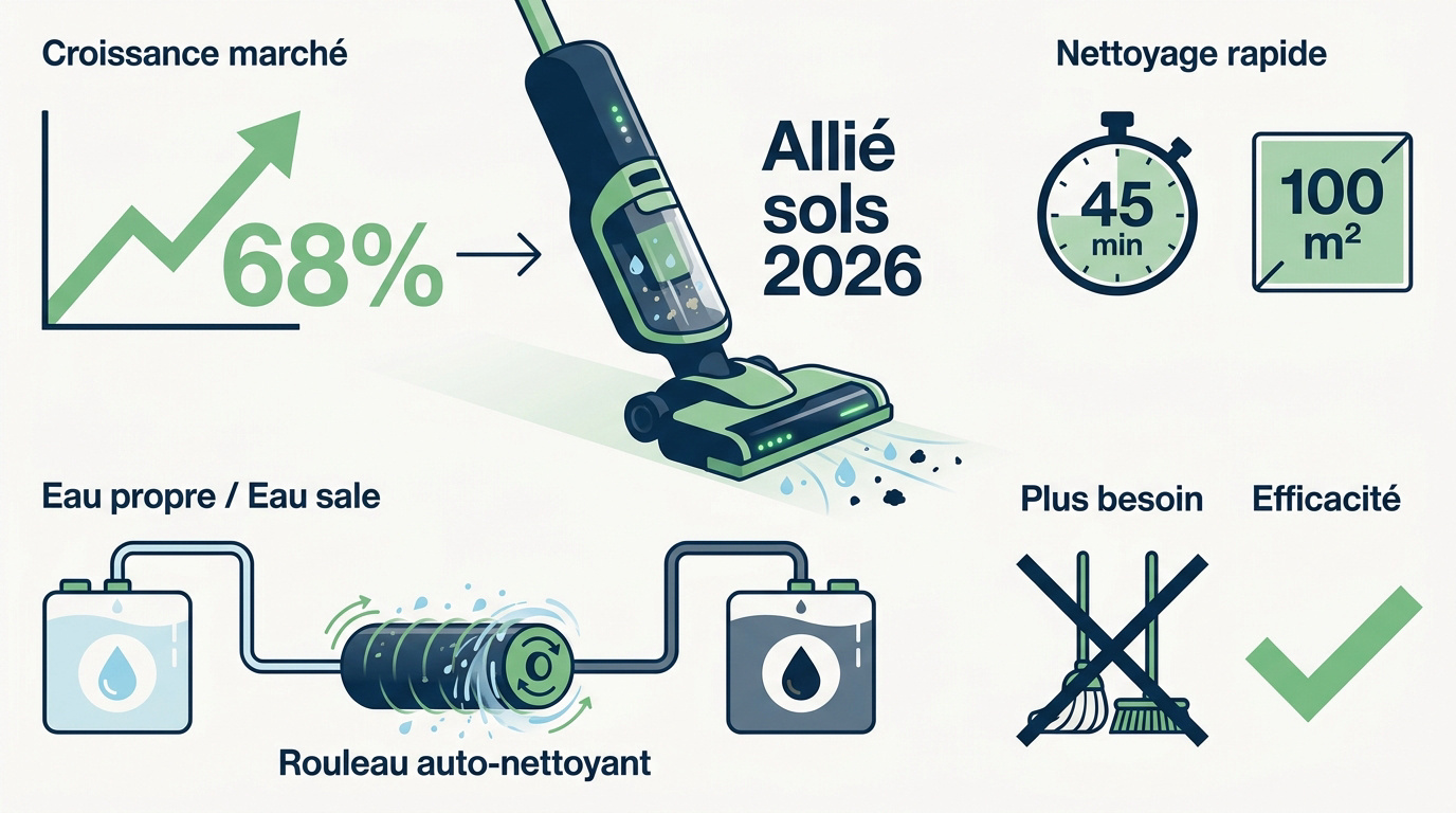 Infographie expliquant le fonctionnement d'un aspirateur laveur à double réservoir