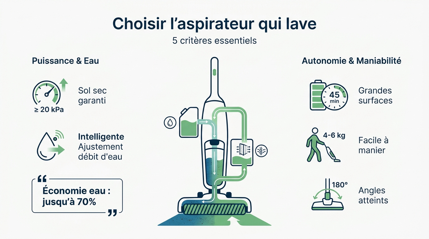 Infographie présentant les critères essentiels pour choisir un aspirateur laveur sans fil
