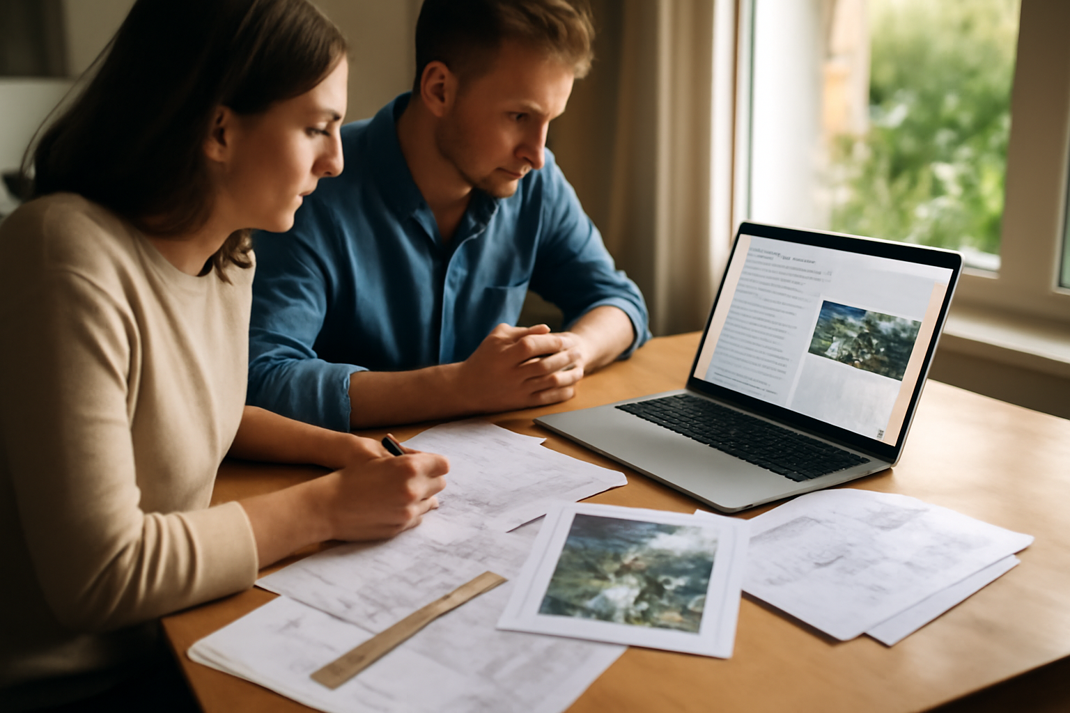 permishabitation.fr sur un ordinateur portable, plans de maison et documents d’urbanisme sur une table, lumière naturelle