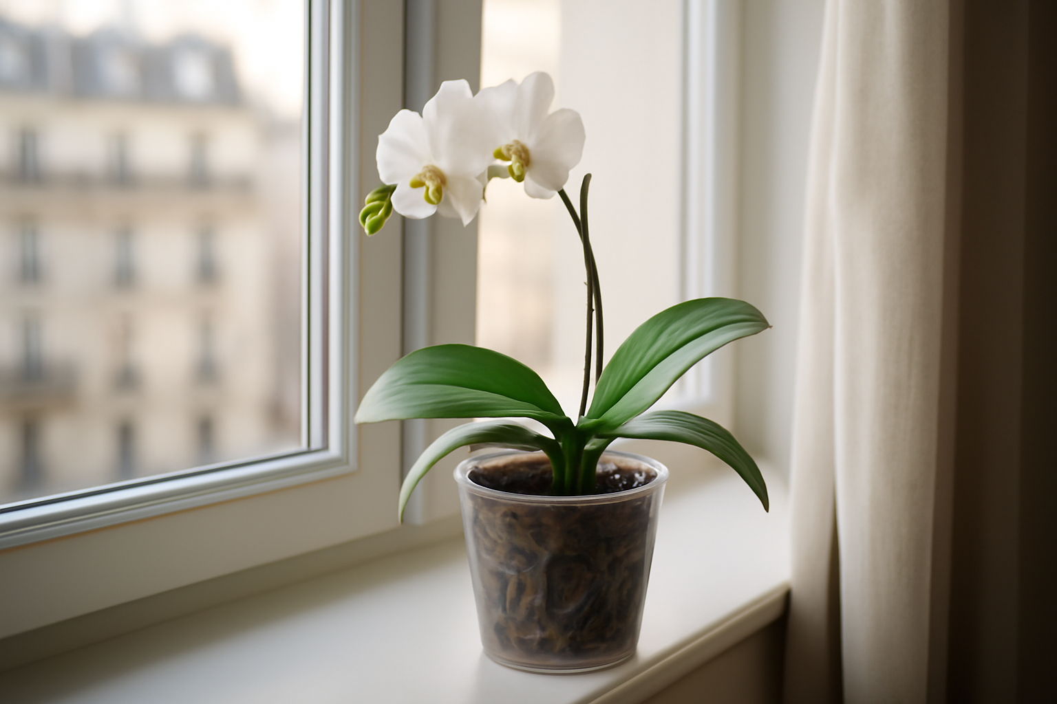 pot orchidée percé en plastique transparent sur rebord de fenêtre lumineux, racines visibles, scène photo réaliste