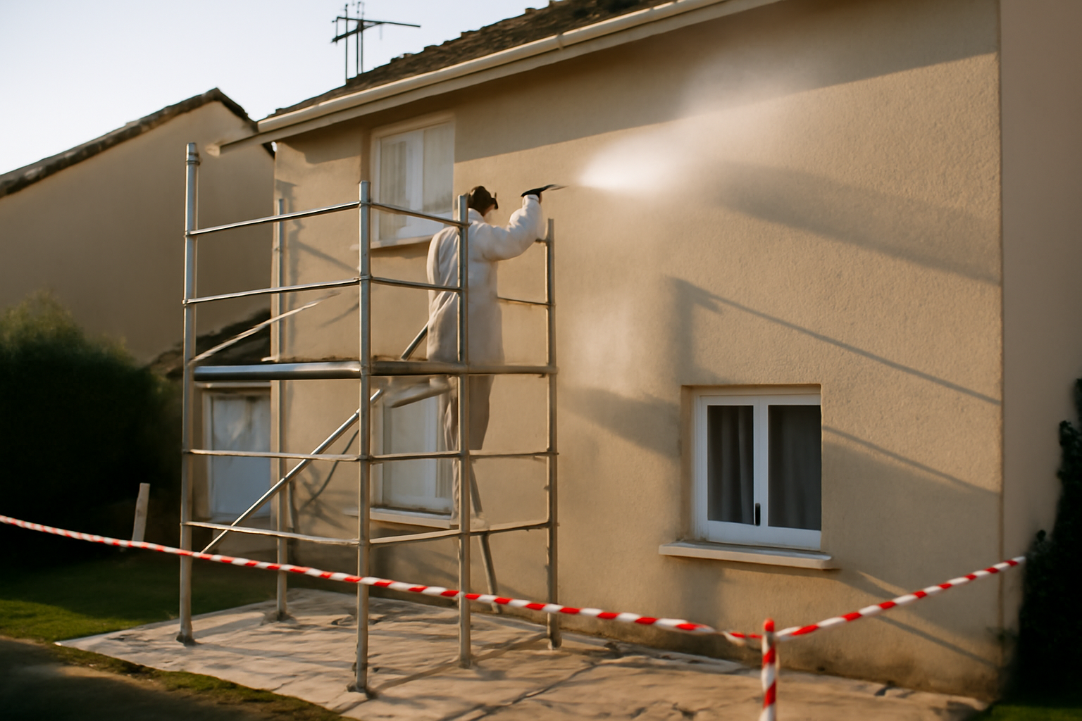 Maison de 100 m² avec échafaudage : ravalement de façade en 2026, artisan préparant la surface