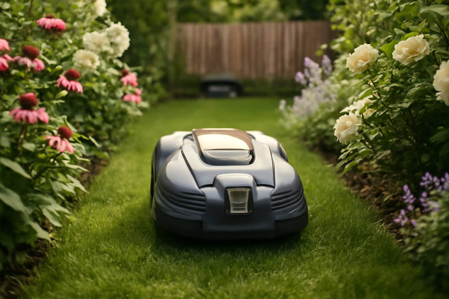 Robot tondeuse sans fil périphérique en action dans un jardin français avec couloir étroit