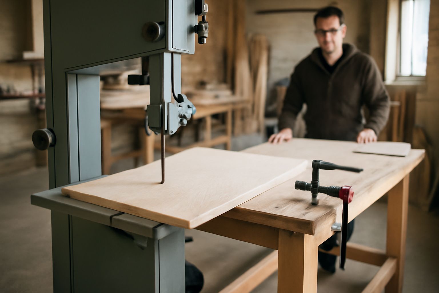 scie à ruban bois en atelier, lame en mouvement et guide de coupe