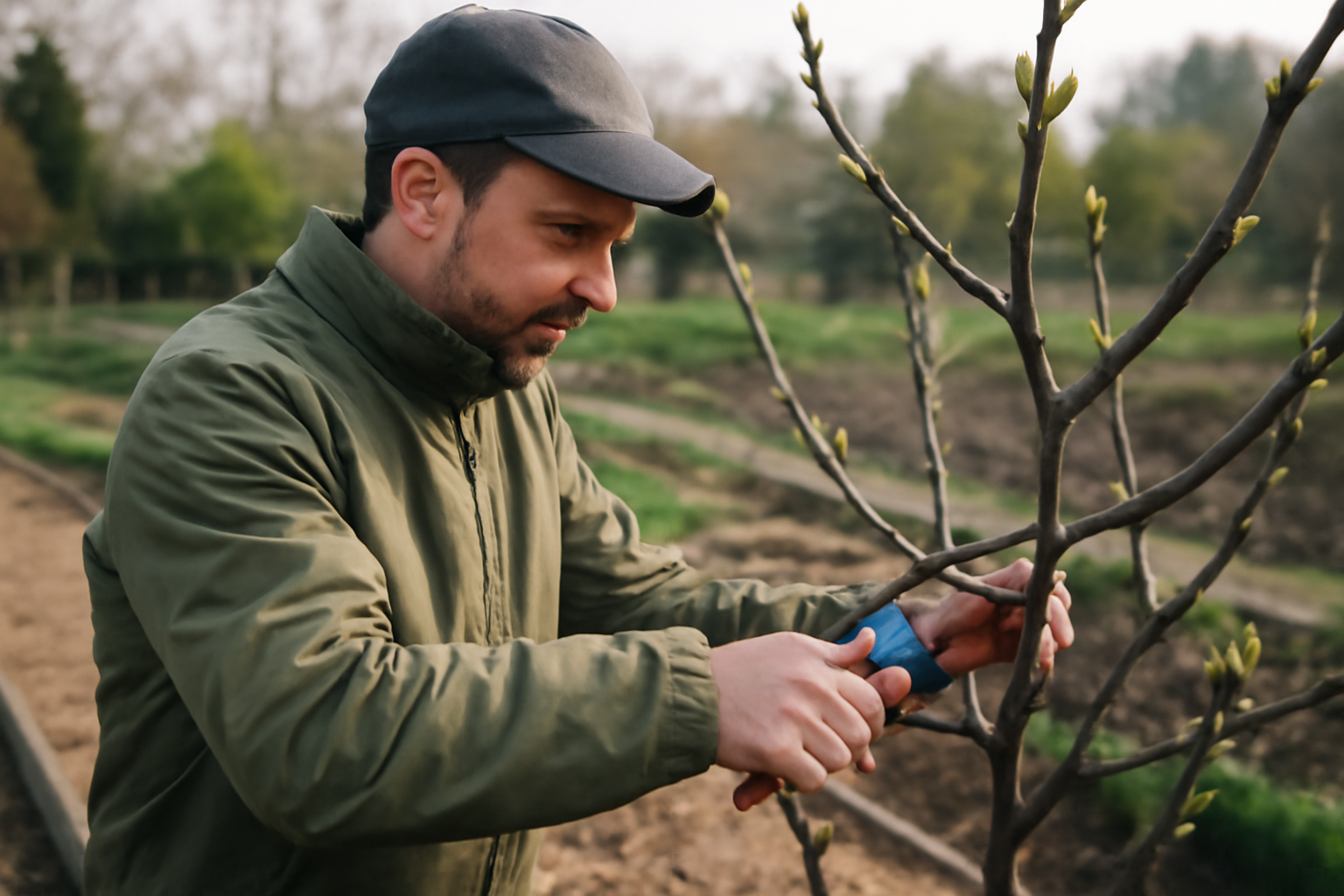 taille figuier : jardinier taillant un figuier en fin d’hiver, sécateur et bourgeons, lumière de matin