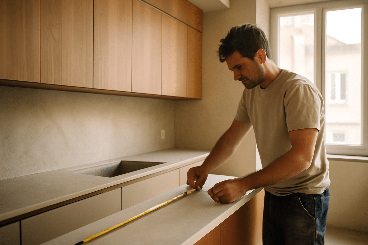 Cuisine sur mesure tyko cuisine dans un logement rénové, plans de travail et rangements intégrés, lumière naturelle