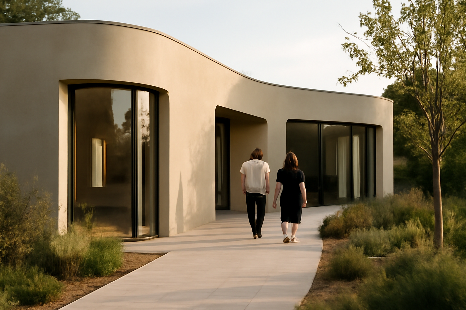 Maison à volumes organiques inspirée par l’archilibre, lumière naturelle entrant par des ouvertures cadrées