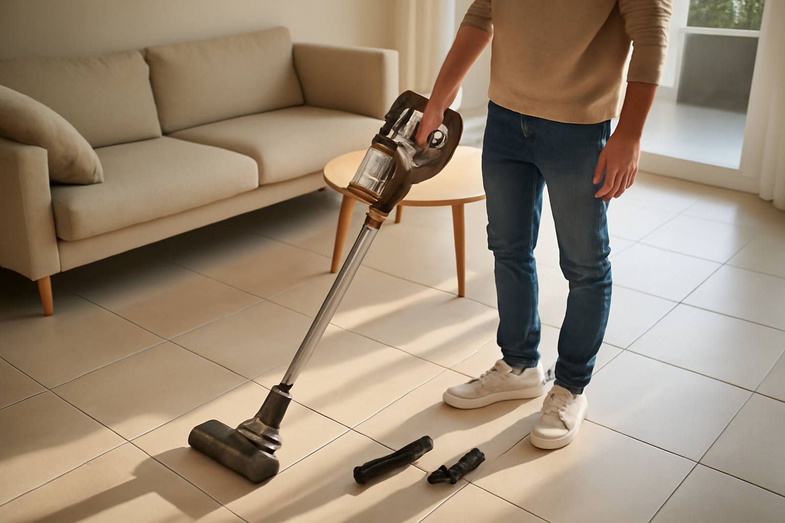 Aspirateur Lidl sans fil sur carrelage, lumière naturelle dans un salon