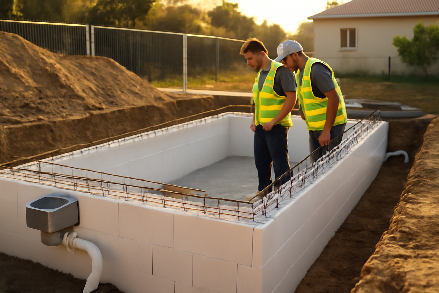 bloc polystyrène piscine en coffrage sur chantier, blocs de polystyrène et armatures avant coulage du béton