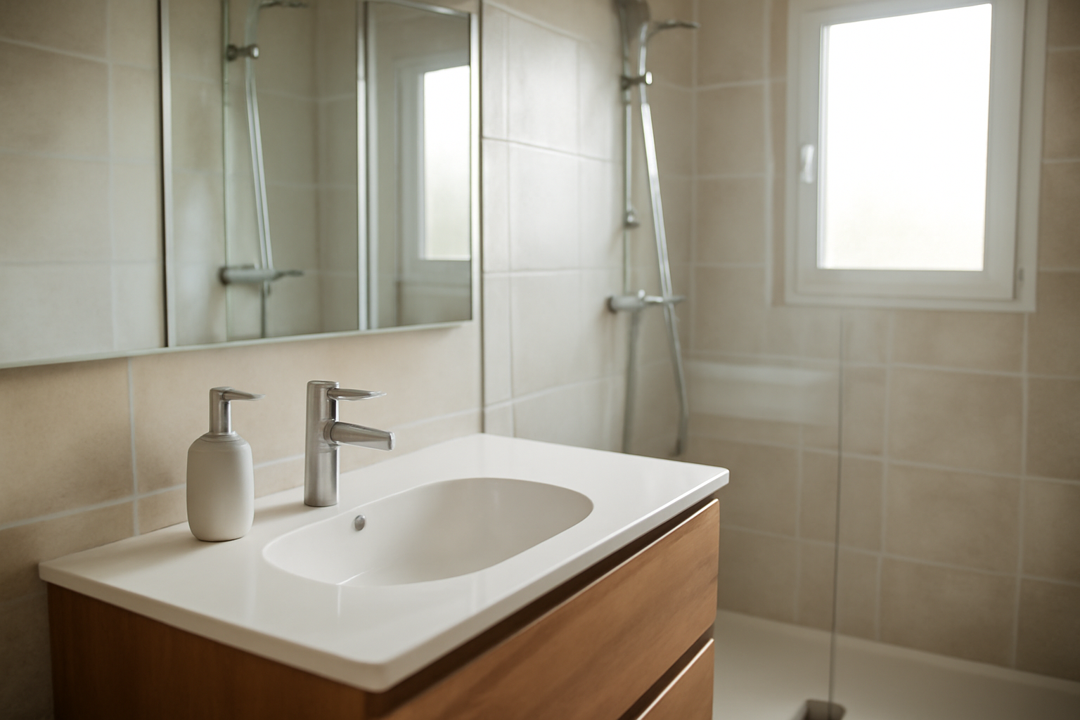 Carrelage mur salle de bain effet pierre clair avec grands carreaux et joints fins, salle d’eau moderne