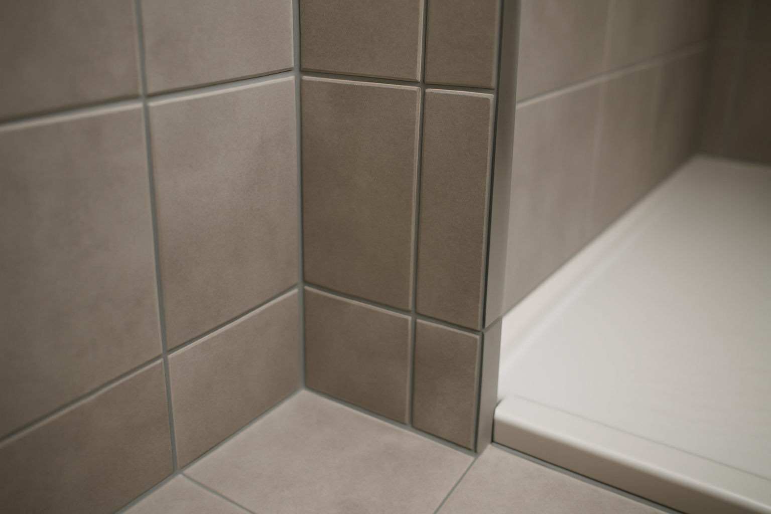 Détail de joints entre carreaux de carrelage mur salle de bain près d’une douche avec étanchéité dans l’angle