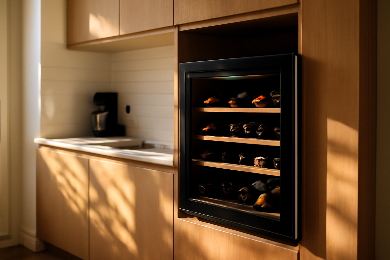 cave a vin klarstein encastrable dans une niche de cuisine moderne