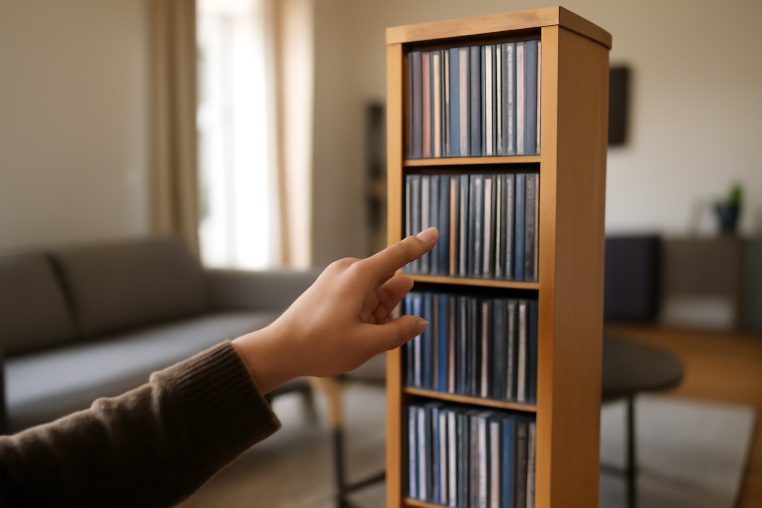 colonne cd en bois avec étagères pour ranger des boîtiers de CD dans un salon lumineux