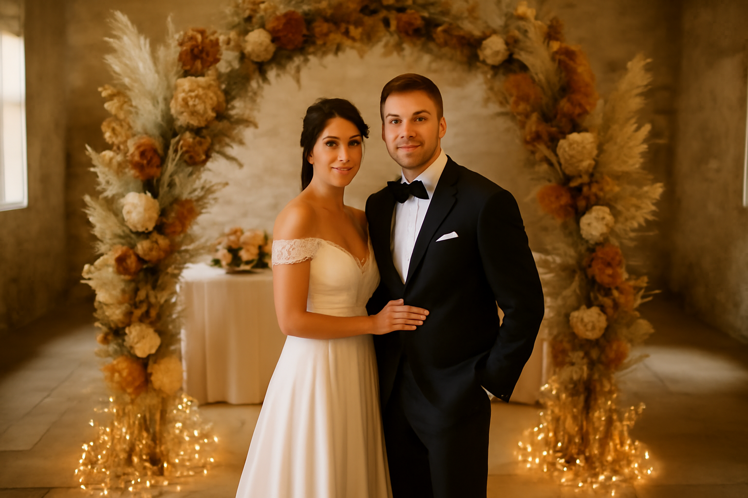 decos de mariage : arche florale et éclairage chaleureux pour photos