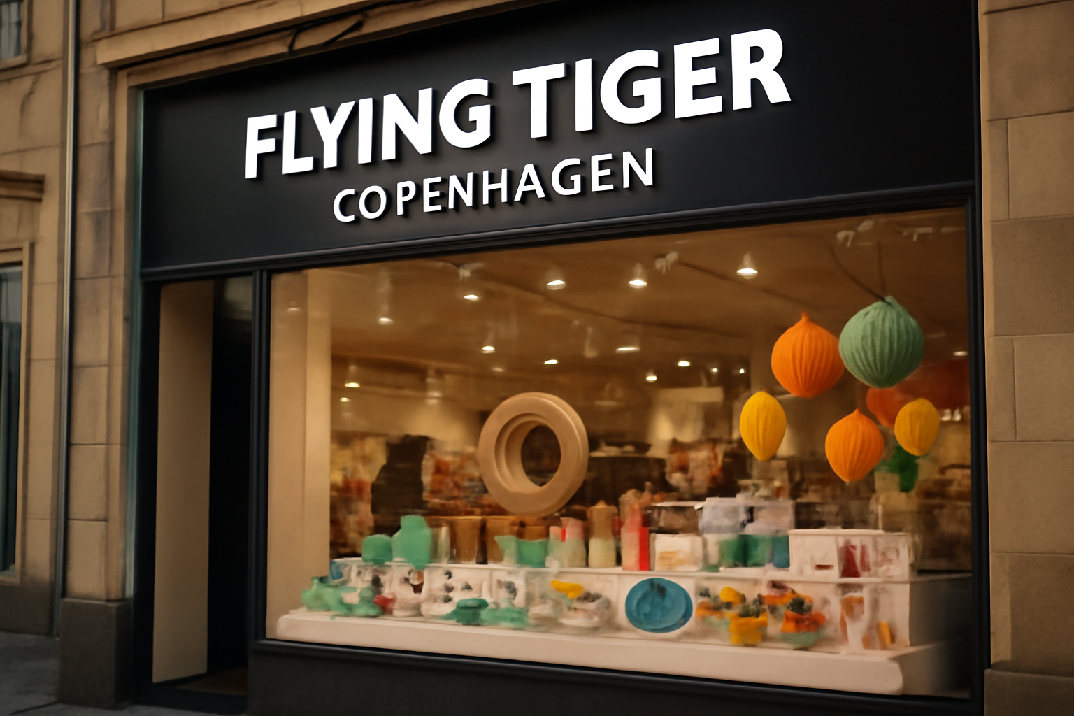 Boutique flying tiger Copenhagen avec présentoirs et caisses en magasin, lumière naturelle