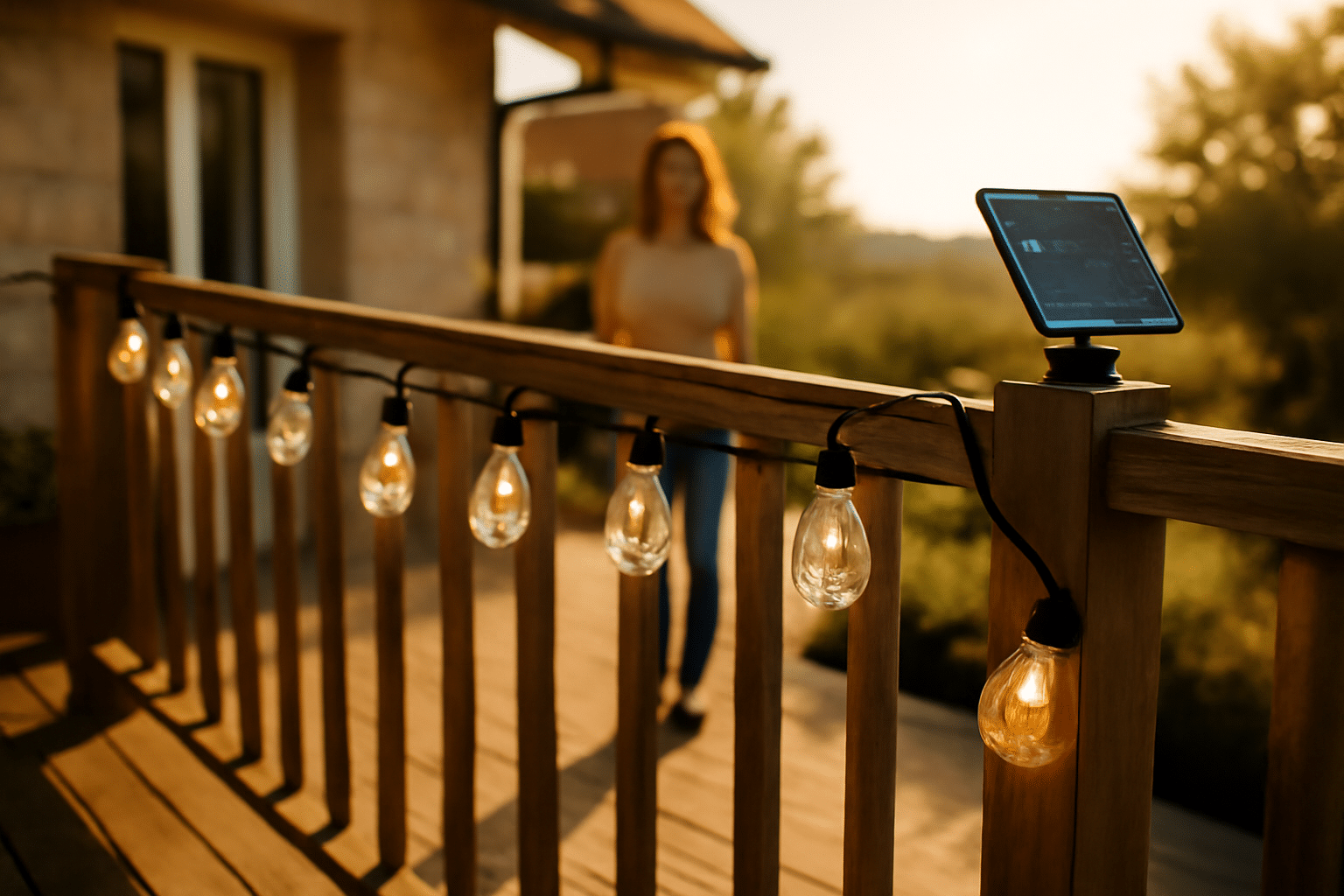Guirlandes solaires extérieures sur terrasse, panneau solaire orienté au soleil en soirée