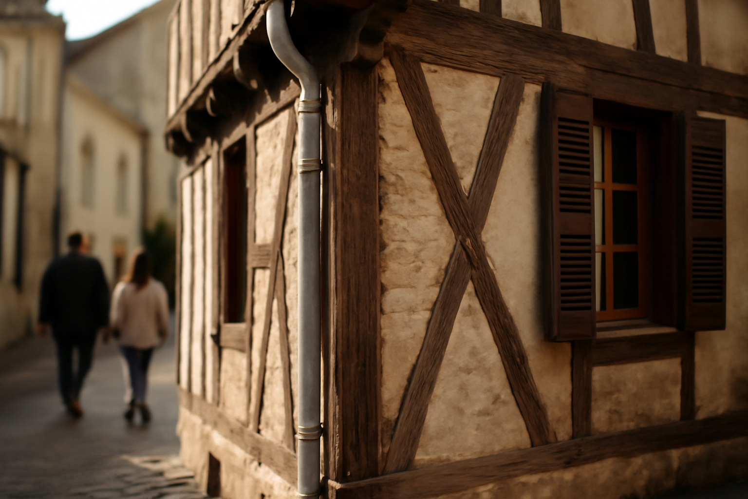 Maison à colombage avec pans de bois et remplissage en hourdage, façade ancienne en France au soleil