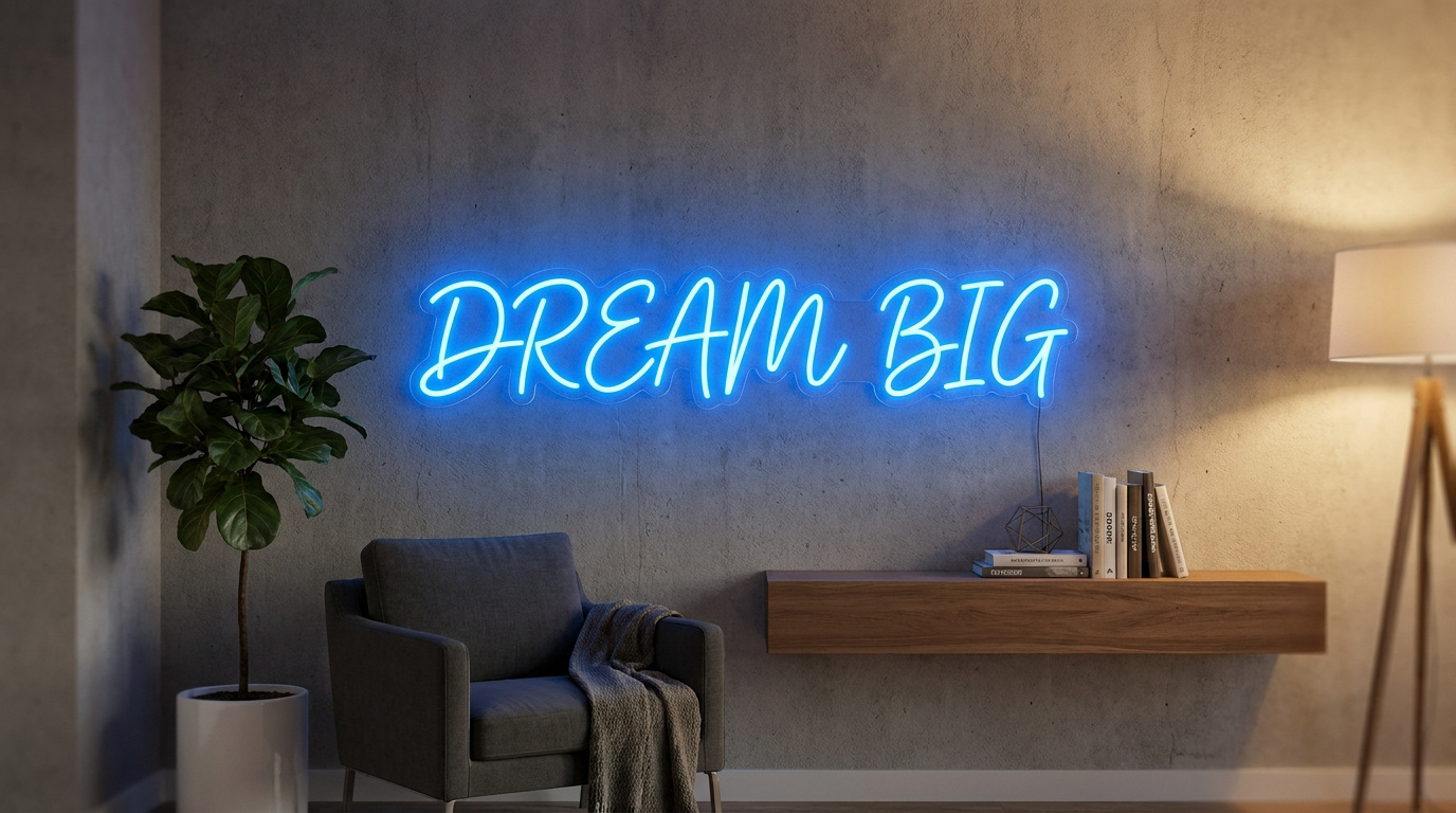 Enseigne néon LED bleue fixée au mur affichant Dream Big au-dessus d'un fauteuil et d'une plante verte.