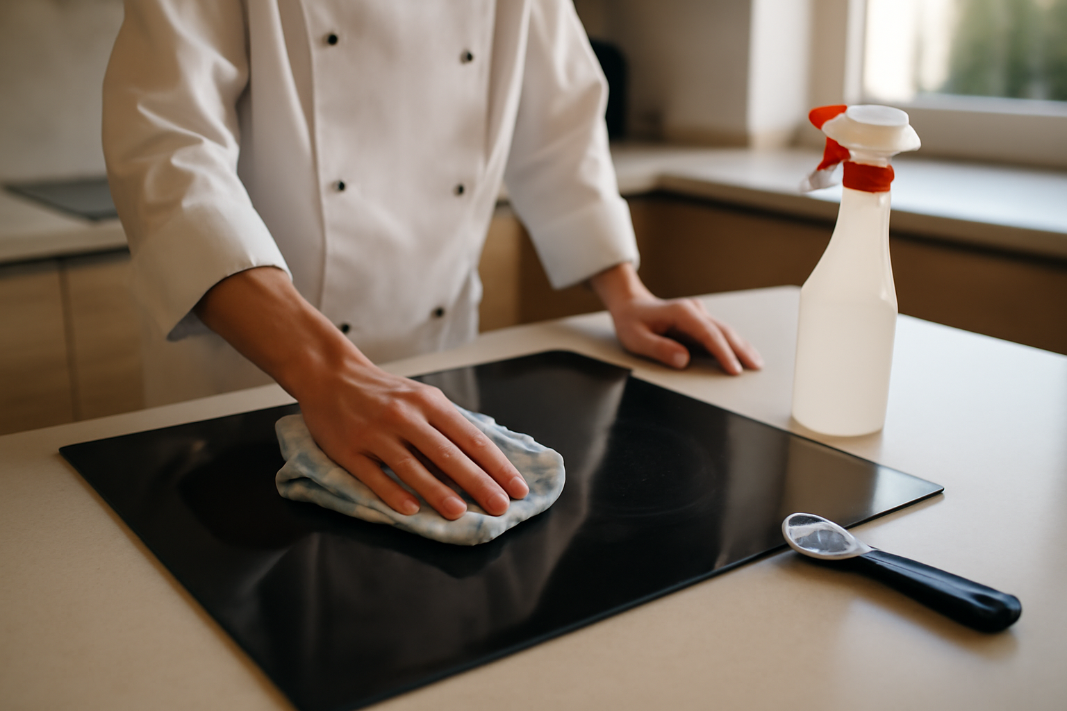 nettoyer plaque vitrocéramique avec microfibre et grattoir spécial sur plan de travail de cuisine
