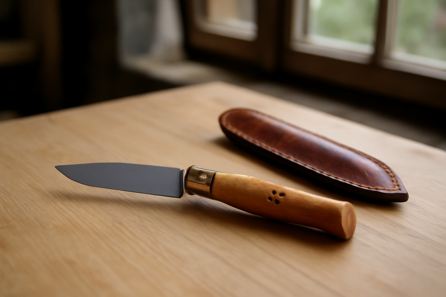 couteau Nontron en acier et manche bois sur table en bois