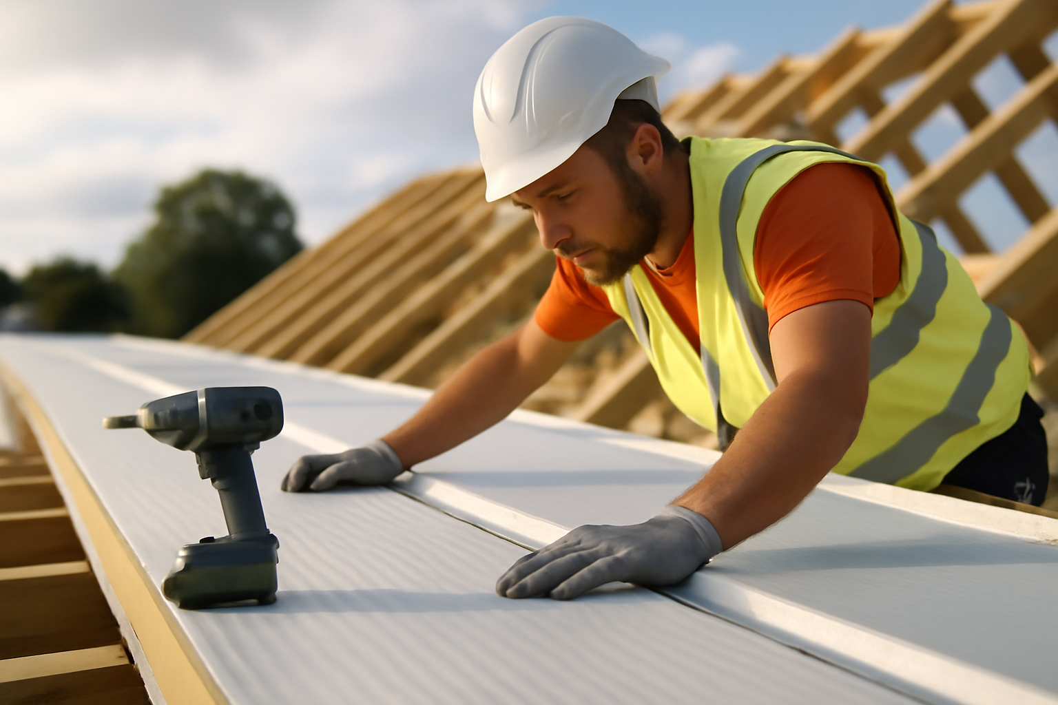 Panneau sandwich toiture installé sur chantier avec charpentier vérifiant l’alignement