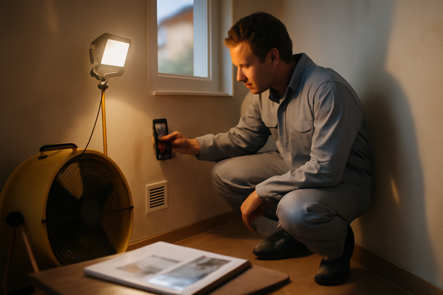 Diagnostic de rénovation maison avec jesuisenfinchezmoi.fr : technicien vérifiant humidité et ventilation dans une pièce lumineuse