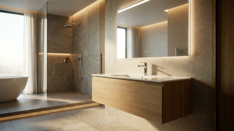 Salle de bain moderne avec meuble vasque suspendu en bois, douche à l'italienne et éclairage LED chaleureux.