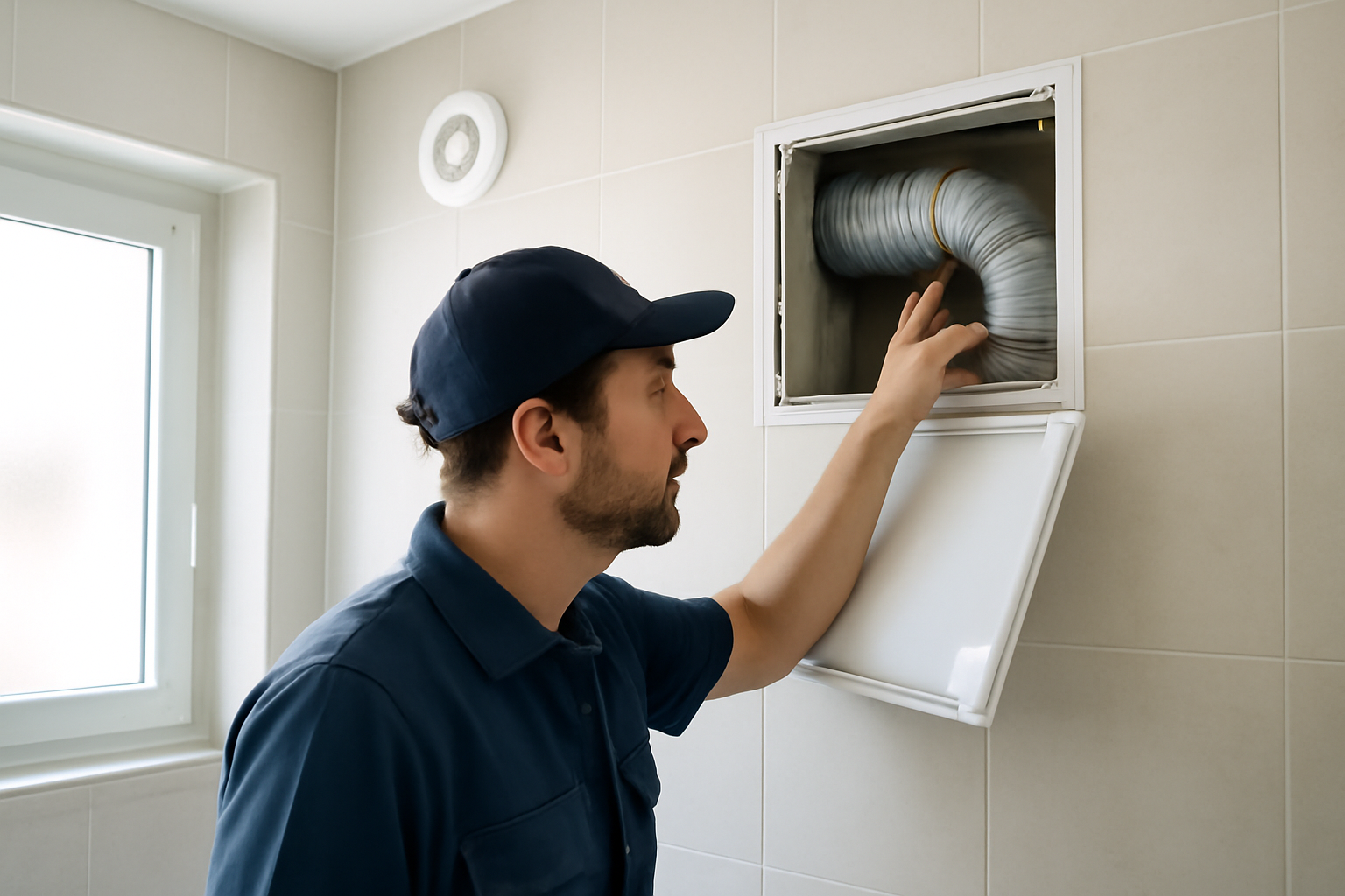 ventilation dans une salle de bain : extracteur mural et gaine raccordée