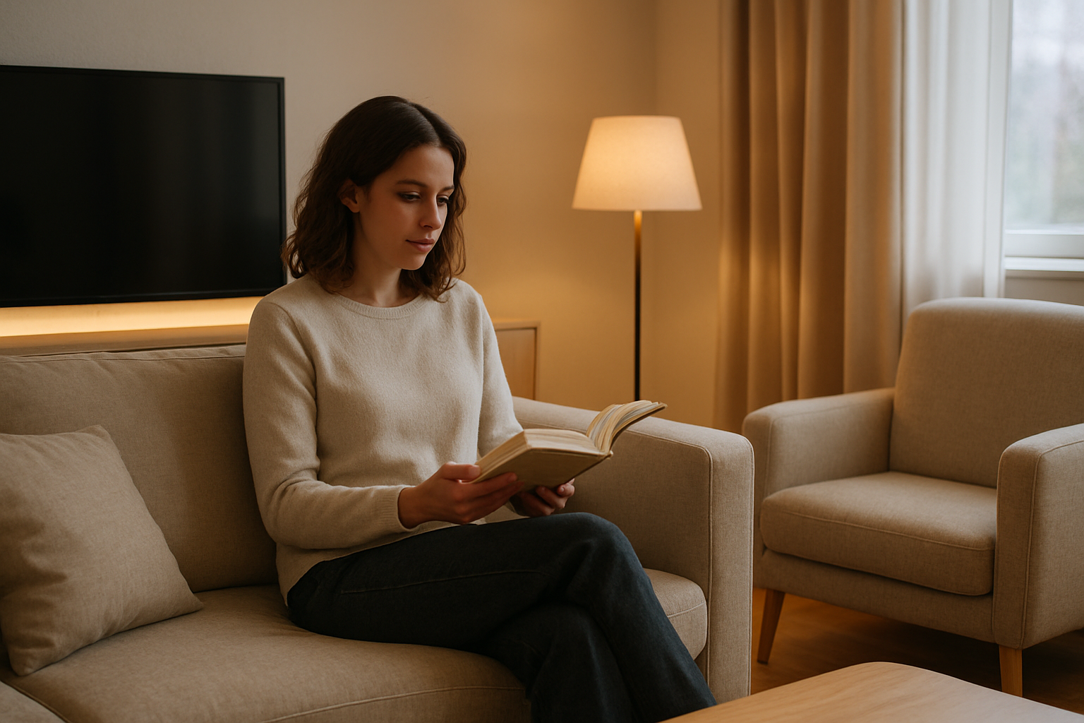 Salon moderne avec lampe d’appoint et éclairage indirect LED pour sublimer l’ameublement déco