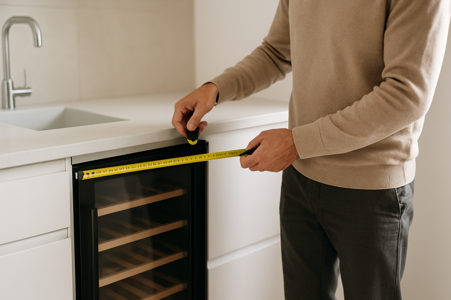 Cave à vin encastrable intégrée dans une cuisine, niche prête avec ventilation visible
