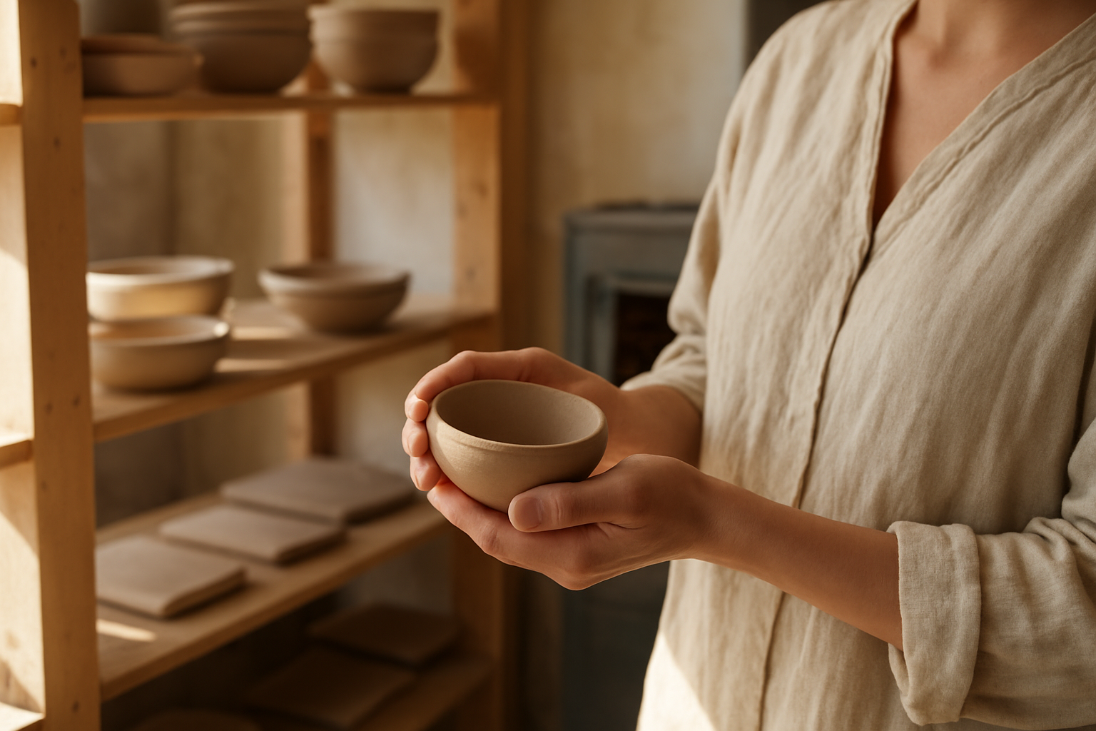Atelier de céramique : pièces en argile séchant près d’un four de cuisson