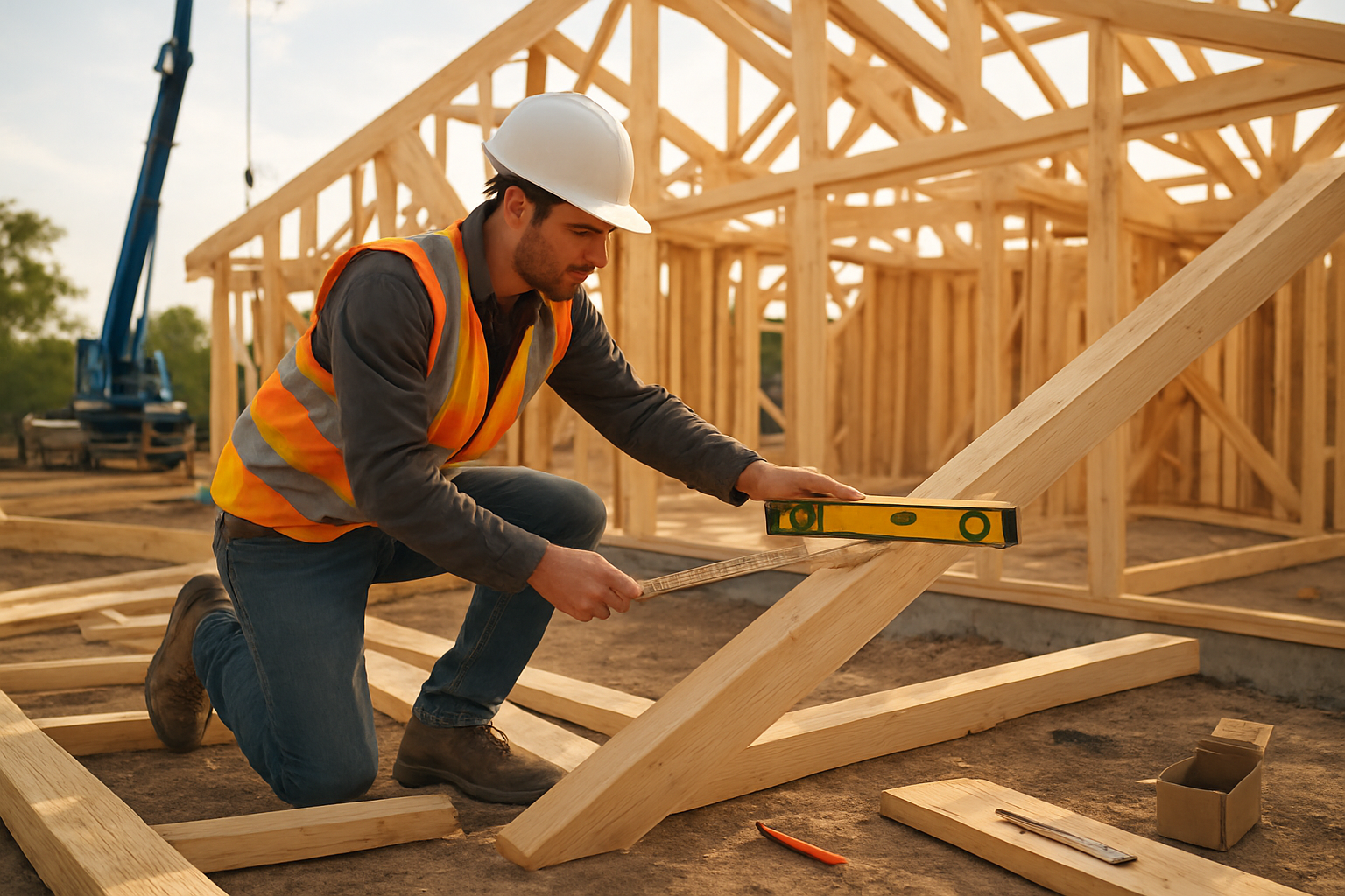 Charpentier vérifiant l’alignement d’une charpente en bois sur un chantier de maison, sous lumière naturelle