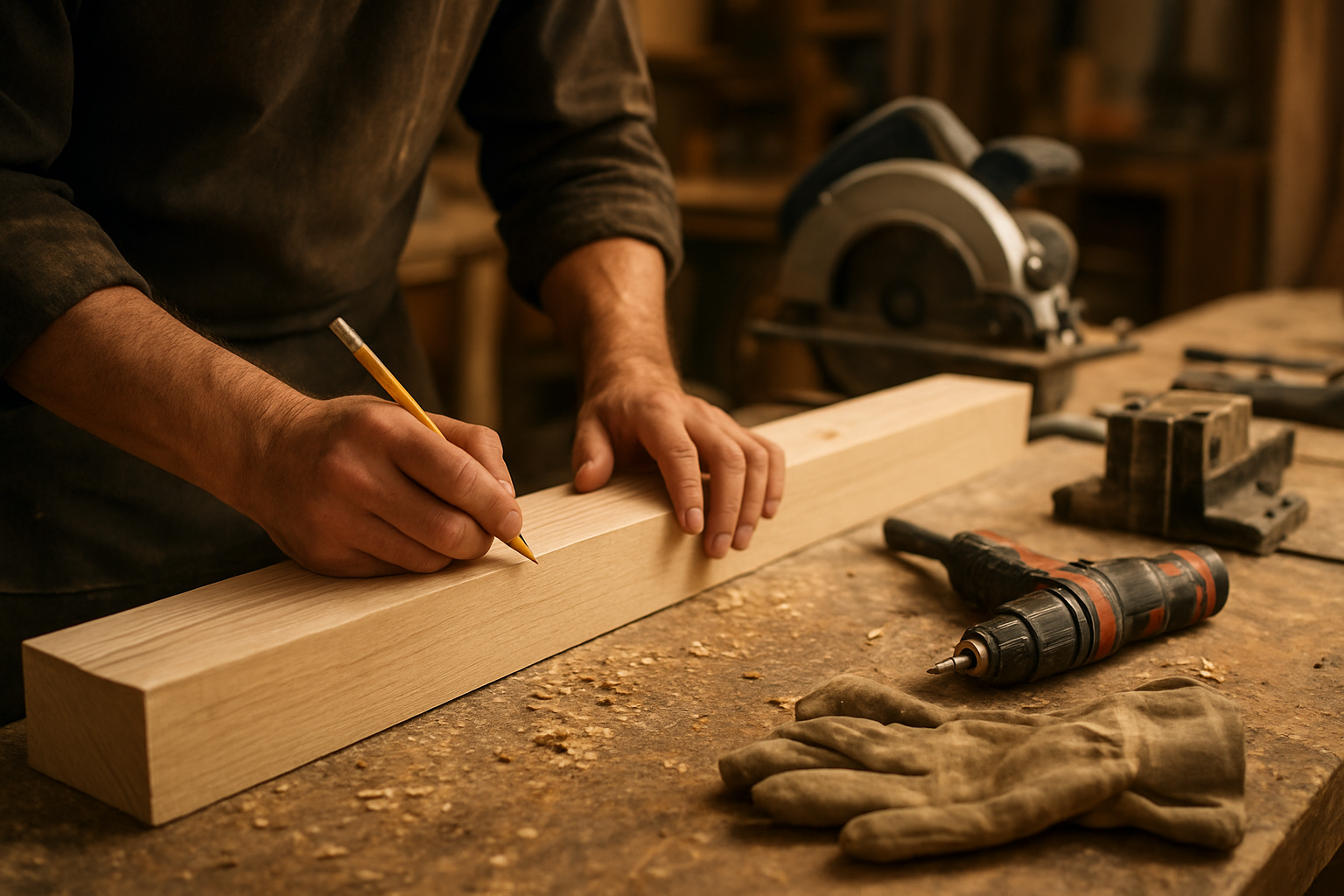 Atelier de menuiserie bois : charpentier traçant et débitant des éléments de charpente