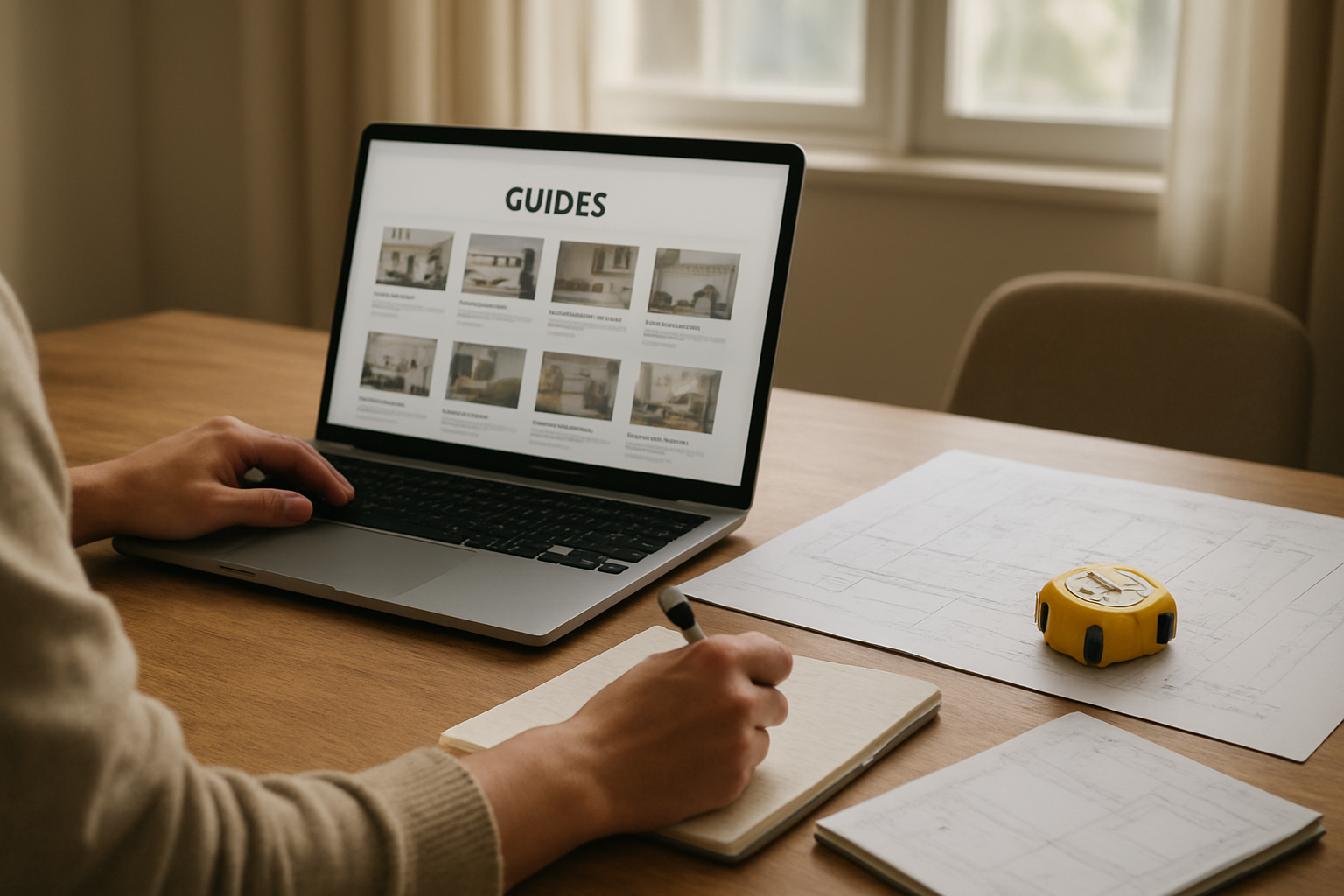 Personne comparant plusieurs guides sur un ordinateur portable, documents de chantier et notes sur table, ambiance réaliste