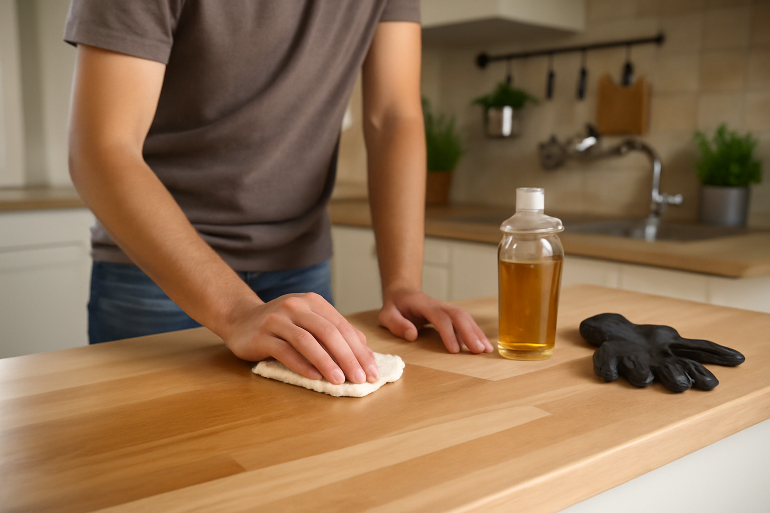 Application d’une huile pour protéger un plan de travail en bois dans une cuisine familiale, lumière du jour