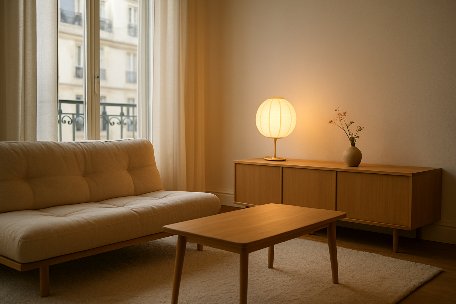 Intérieur zen en style japonais avec abat-jour en papier, futon au sol et étagère basse en bois clair